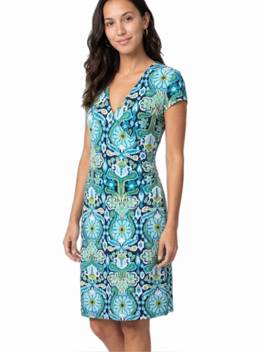 JONES MEW YORK Greens/Black Abstract Floral Faux-Wrap Short Sleeve Dress Small